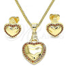 Oro Laminado Earring and Pendant Adult Set, Gold Filled Style Heart Design, with Garnet Micro Pave, Polished, Golden Finish, 10.156.0263.2