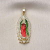 Oro Laminado Religious Pendant, Gold Filled Style Guadalupe Design, with White Cubic Zirconia, Polished, Tricolor, 05.210.0012