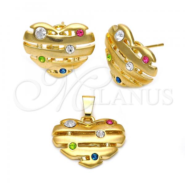 Oro Laminado Earring and Pendant Adult Set, Gold Filled Style Heart Design, with Multicolor Crystal, Polished, Golden Finish, 5.047.004