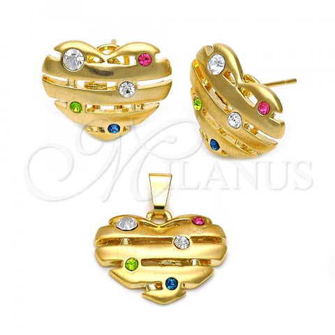 Oro Laminado Earring and Pendant Adult Set, Gold Filled Style Heart Design, with Multicolor Crystal, Polished, Golden Finish, 5.047.004