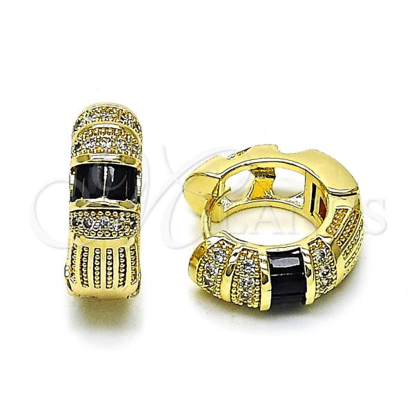 Oro Laminado Huggie Hoop, Gold Filled Style Baguette Design, with Black and White Cubic Zirconia, Polished, Golden Finish, 02.210.0866.3.20