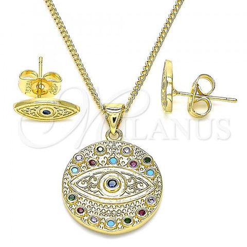 Oro Laminado Earring and Pendant Adult Set, Gold Filled Style Evil Eye Design, with Multicolor Micro Pave, Polished, Golden Finish, 10.156.0352