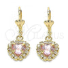 Oro Laminado Dangle Earring, Gold Filled Style Heart Design, with Rose and White Crystal, Polished, Golden Finish, 02.122.0114.2