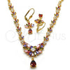 Oro Laminado Necklace and Earring, Gold Filled Style Teardrop and Leaf Design, with Multicolor Cubic Zirconia, Polished, Golden Finish, 06.236.0002.1