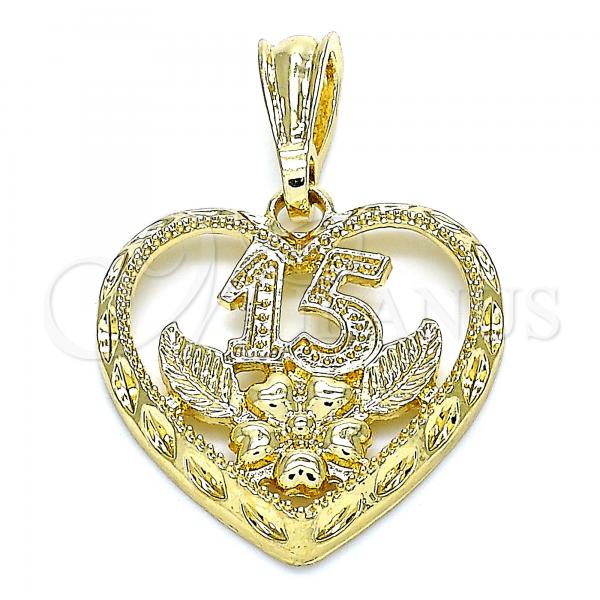 Oro Laminado Fancy Pendant, Gold Filled Style Heart and Flower Design, Polished, Golden Finish, 05.351.0110.1