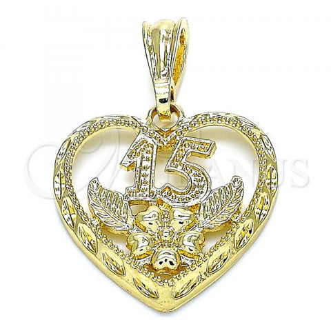 Oro Laminado Fancy Pendant, Gold Filled Style Heart and Flower Design, Polished, Golden Finish, 05.351.0110.1