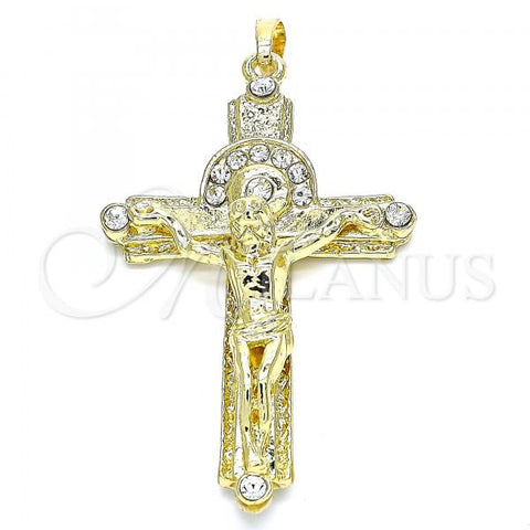 Oro Laminado Religious Pendant, Gold Filled Style Crucifix Design, with White Crystal, Polished, Golden Finish, 05.213.0071