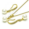 Oro Laminado Earring and Pendant Adult Set, Gold Filled Style Ball Design, with Ivory Pearl and White Cubic Zirconia, Polished, Golden Finish, 10.387.0013