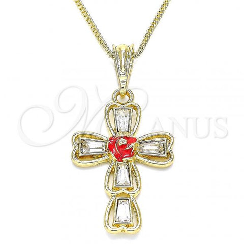 Oro Laminado Pendant Necklace, Gold Filled Style Cross and Flower Design, with White Crystal, Red Enamel Finish, Golden Finish, 04.380.0014.20