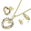 Oro Laminado Earring and Pendant Adult Set, Gold Filled Style Heart Design, with Multicolor Cubic Zirconia, Polished, Golden Finish, 10.284.0009.3