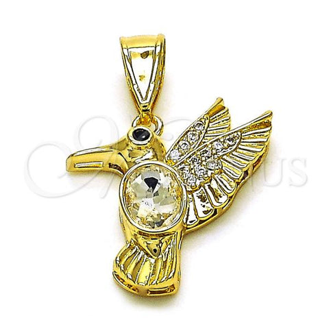 Oro Laminado Fancy Pendant, Gold Filled Style Bird Design, with White Crystal and White Micro Pave, Diamond Cutting Finish, Golden Finish, 05.411.0008