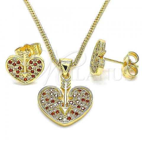 Oro Laminado Earring and Pendant Adult Set, Gold Filled Style Heart Design, with Garnet and White Micro Pave, Polished, Golden Finish, 10.156.0149.2