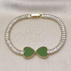 Oro Laminado Fancy Bracelet, Gold Filled Style Heart and Baguette Design, with Light Green Mother of Pearl and White Cubic Zirconia, Polished, Golden Finish, 03.284.0050.07