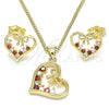 Oro Laminado Earring and Pendant Adult Set, Gold Filled Style Heart and Bow Design, with Garnet and White Cubic Zirconia, Polished, Golden Finish, 10.195.0056.1