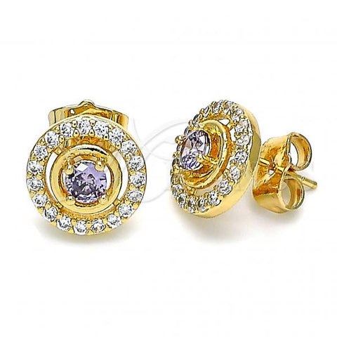 Oro Laminado Stud Earring, Gold Filled Style with Amethyst and White Cubic Zirconia, Polished, Golden Finish, 02.387.0015.1