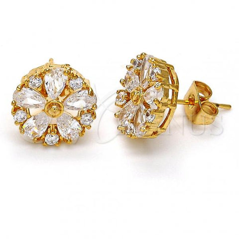 Oro Laminado Stud Earring, Gold Filled Style Flower Design, with White Cubic Zirconia, Polished, Golden Finish, 02.210.0040