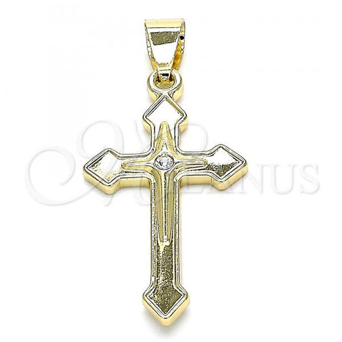 Oro Laminado Religious Pendant, Gold Filled Style Cross Design, with White Crystal, Polished, Golden Finish, 05.213.0083