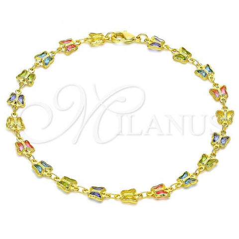 Oro Laminado Fancy Anklet, Gold Filled Style Butterfly Design, with Multicolor Crystal, Polished, Golden Finish, 03.386.0012.10