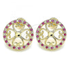 Oro Laminado Stud Earring, Gold Filled Style Flower Design, with Ruby and White Micro Pave, Polished, Golden Finish, 02.233.0017.2