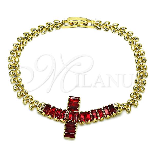 Oro Laminado Fancy Bracelet, Gold Filled Style Cross and Baguette Design, with Garnet Cubic Zirconia, Polished, Golden Finish, 03.424.0006.1.08