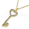 Oro Laminado Pendant Necklace, Gold Filled Style key and Heart Design, with Multicolor Micro Pave, Polished, Golden Finish, 04.344.0004.2.20