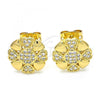 Oro Laminado Stud Earring, Gold Filled Style Flower and Heart Design, with White Cubic Zirconia, Polished, Golden Finish, 02.156.0384