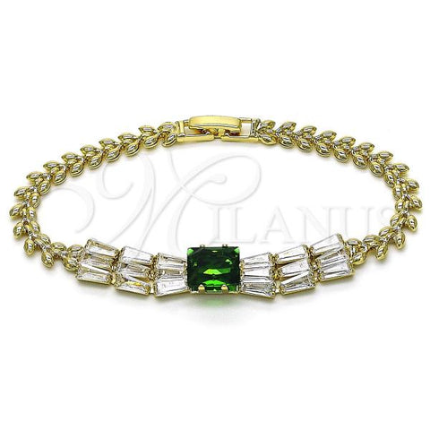 Oro Laminado Fancy Bracelet, Gold Filled Style Baguette and Leaf Design, with Green and White Cubic Zirconia, Polished, Golden Finish, 03.283.0305.3.07