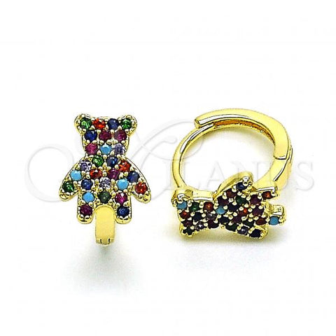 Oro Laminado Huggie Hoop, Gold Filled Style Teddy Bear Design, with Multicolor Micro Pave, Polished, Golden Finish, 02.210.0764.1.12