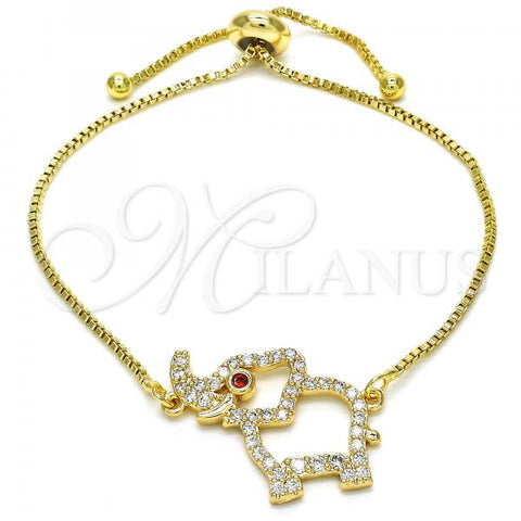 Oro Laminado Adjustable Bolo Bracelet, Gold Filled Style Elephant Design, with Garnet and White Cubic Zirconia, Polished, Golden Finish, 03.316.0014.10