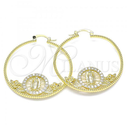 Oro Laminado Medium Hoop, Gold Filled Style Guadalupe and Flower Design, with White Micro Pave, Polished, Golden Finish, 02.253.0013.45