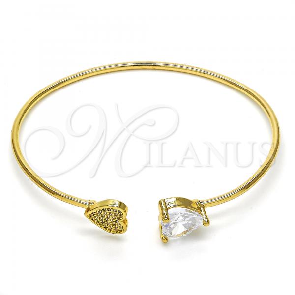 Oro Laminado Individual Bangle, Gold Filled Style Heart Design, with White Cubic Zirconia and White Micro Pave, Polished, Golden Finish, 07.156.0064.2 (02 MM Thickness, One size fits all)