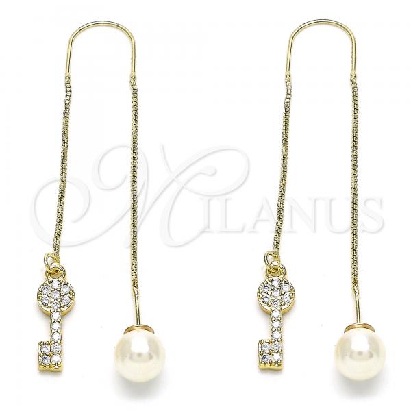 Oro Laminado Threader Earring, Gold Filled Style key Design, with White Micro Pave, Polished, Golden Finish, 02.210.0545