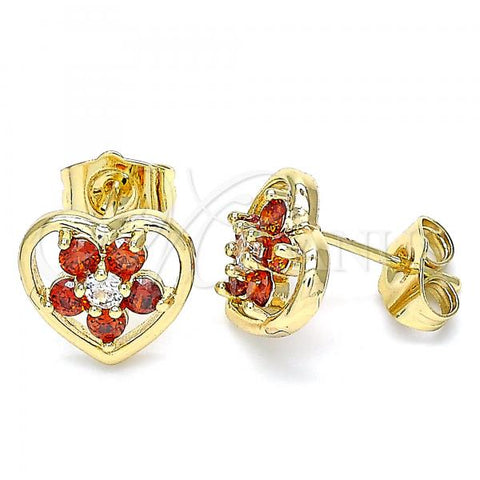 Oro Laminado Stud Earring, Gold Filled Style Heart and Flower Design, with Garnet and White Cubic Zirconia, Polished, Golden Finish, 02.210.0096.2