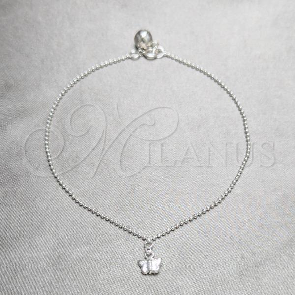 Sterling Silver Fancy Anklet, Butterfly and Ball Design, Polished, Silver Finish, 03.409.0045.10