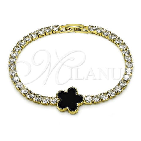 Oro Laminado Fancy Bracelet, Gold Filled Style Flower Design, with Black Mother of Pearl and White Cubic Zirconia, Polished, Golden Finish, 03.283.0439.07