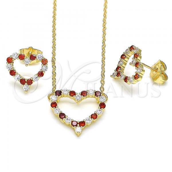 Oro Laminado Earring and Pendant Adult Set, Gold Filled Style Heart Design, with Garnet and White Micro Pave, Polished, Golden Finish, 10.156.0302.1