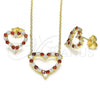 Oro Laminado Earring and Pendant Adult Set, Gold Filled Style Heart Design, with Garnet and White Micro Pave, Polished, Golden Finish, 10.156.0302.1