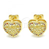 Oro Laminado Stud Earring, Gold Filled Style Heart Design, with Multicolor Micro Pave, Polished, Golden Finish, 02.156.0468.3