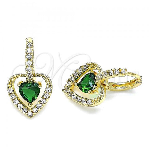 Oro Laminado Dangle Earring, Gold Filled Style Heart Design, with Green Cubic Zirconia and Multicolor Micro Pave, Polished, Golden Finish, 02.65.2660.4