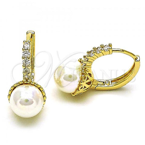 Oro Laminado Huggie Hoop, Gold Filled Style with Ivory Pearl and White Cubic Zirconia, Polished, Golden Finish, 02.213.0456.15