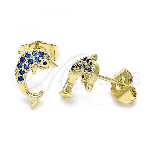 Oro Laminado Stud Earring, Gold Filled Style Dolphin Design, with Sapphire Blue Micro Pave, Polished, Golden Finish, 02.344.0064.3