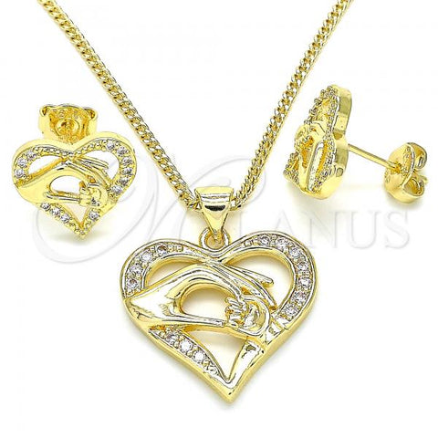 Oro Laminado Earring and Pendant Adult Set, Gold Filled Style Heart and Hand Design, with White Micro Pave, Polished, Golden Finish, 10.156.0275