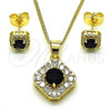 Oro Laminado Earring and Pendant Adult Set, Gold Filled Style with Black Cubic Zirconia and White Micro Pave, Polished, Golden Finish, 10.344.0016.2