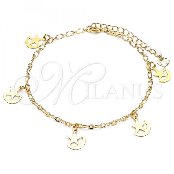 Oro Laminado Charm Anklet , Gold Filled Style Star and Moon Design, Polished, Golden Finish, 03.63.2189.10
