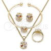Oro Laminado Earring and Pendant Children Set, Gold Filled Style Flower Design, with Multicolor Cubic Zirconia, Polished, Golden Finish, 06.210.0016