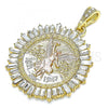 Oro Laminado Religious Pendant, Gold Filled Style Centenario Coin and Angel Design, with White Crystal, Polished, Tricolor, 05.351.0153