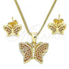 Oro Laminado Earring and Pendant Adult Set, Gold Filled Style Butterfly Design, with Garnet Micro Pave, Polished, Golden Finish, 10.156.0248.2