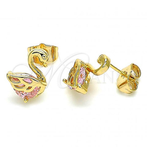 Oro Laminado Stud Earring, Gold Filled Style Swan Design, with Pink Cubic Zirconia, Polished, Golden Finish, 02.387.0002