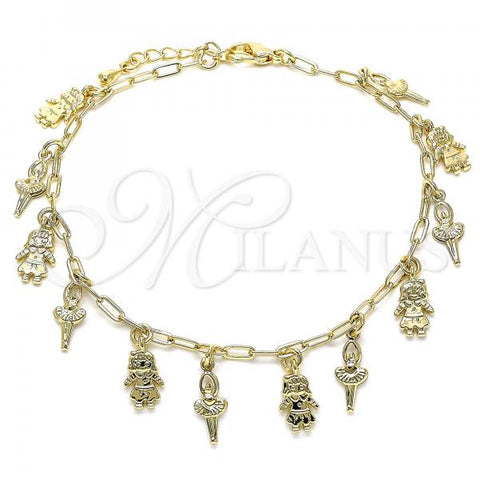 Oro Laminado Charm Anklet , Gold Filled Style Little Girl and Paperclip Design, Polished, Golden Finish, 03.372.0026.10