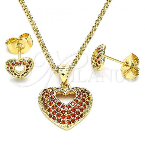 Oro Laminado Earring and Pendant Adult Set, Gold Filled Style Heart Design, with Garnet Micro Pave, Polished, Golden Finish, 10.156.0411.1